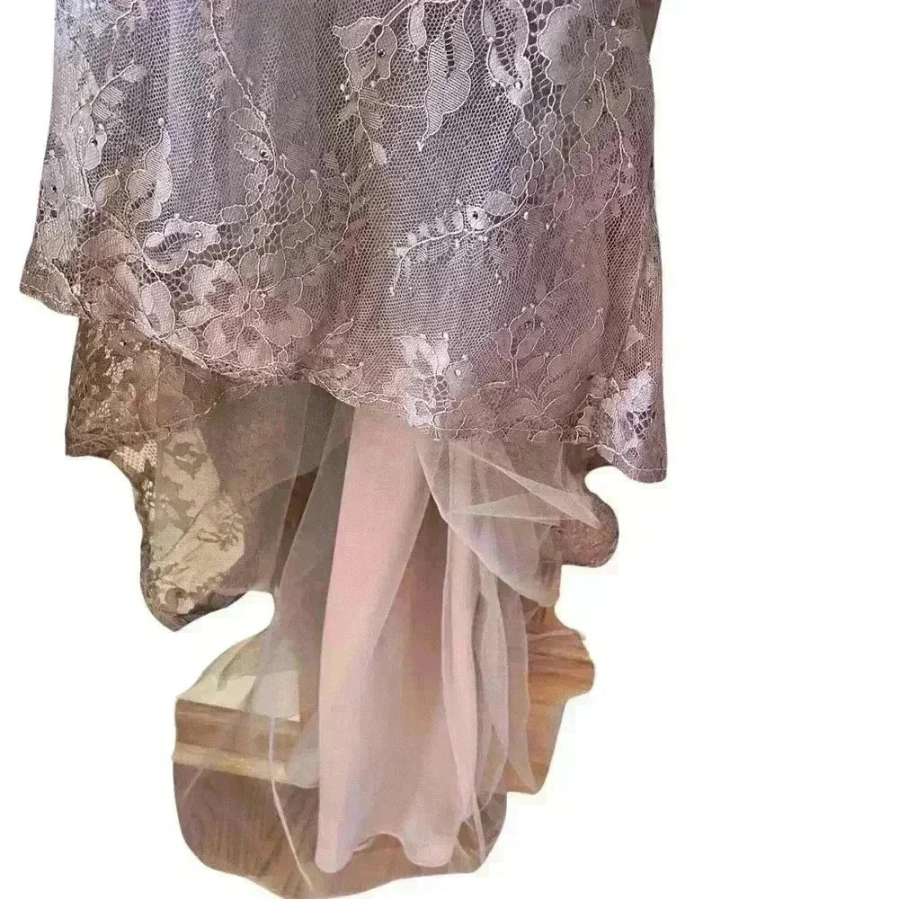 NEW La Femme Lace Overlay rhinestone off shoulder cap sleeve cocoa dress gown 2 - Picture 12 of 12